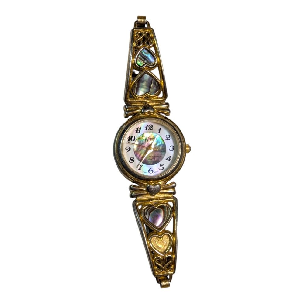 Vtg 1990s Wrangler Gold Tone Abalone Inlay Heart Detail Stretch Bracelet Watch